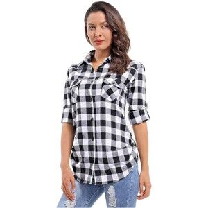 OCHENTA Women's Roll Up Sleeve Button Down Plaid Flannel Shirt | Size Large